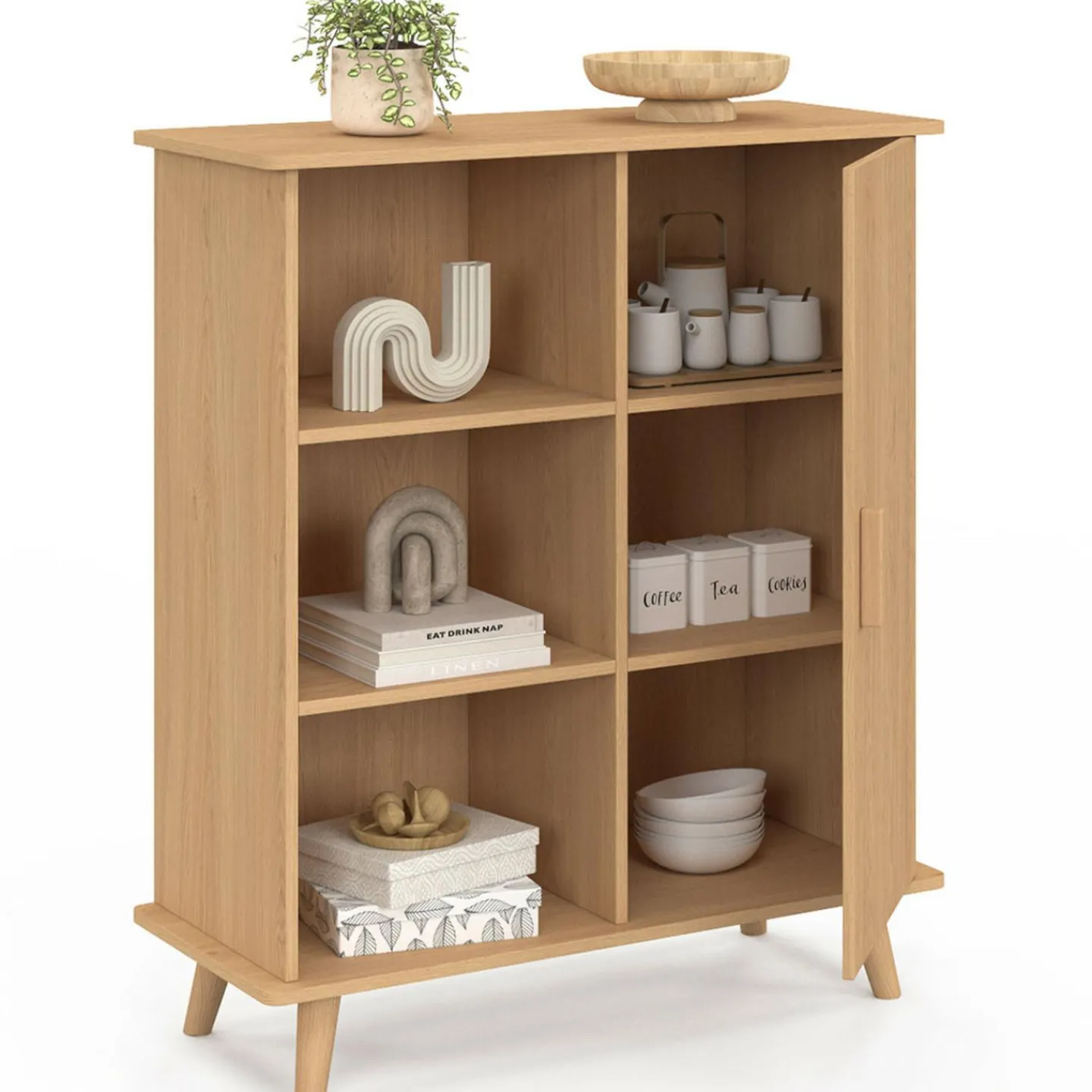 Buffet d'appoint 70 cm bois effet lattes et tasseau avec 3 étagères et placard*IDMarket Outlet