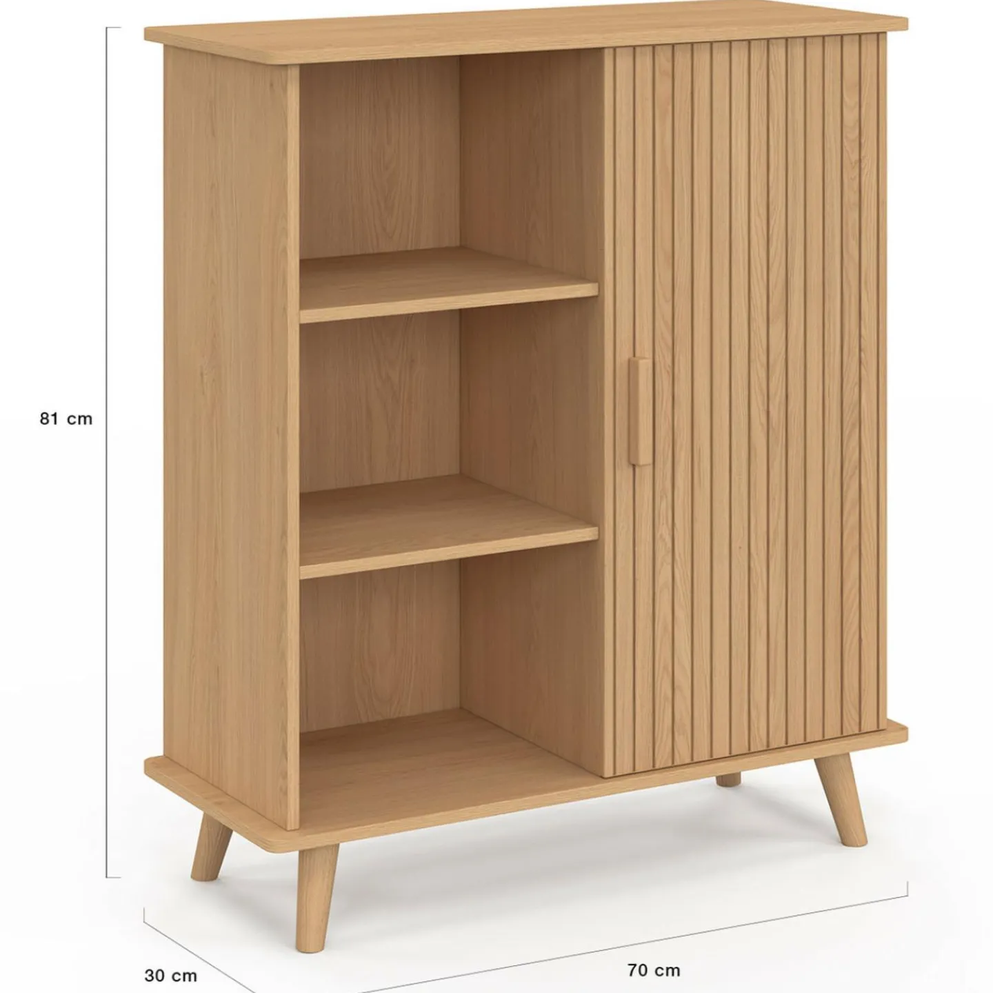 Buffet d'appoint 70 cm bois effet lattes et tasseau avec 3 étagères et placard*IDMarket Outlet