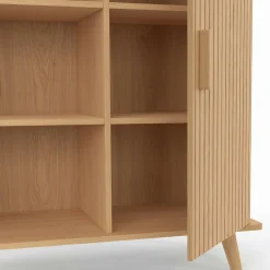 Buffet d'appoint 70 cm bois effet lattes et tasseau avec 3 étagères et placard*IDMarket Outlet