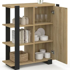 Buffet d'appoint 3 étagères et placard 70 cm bois et noir*IDMarket