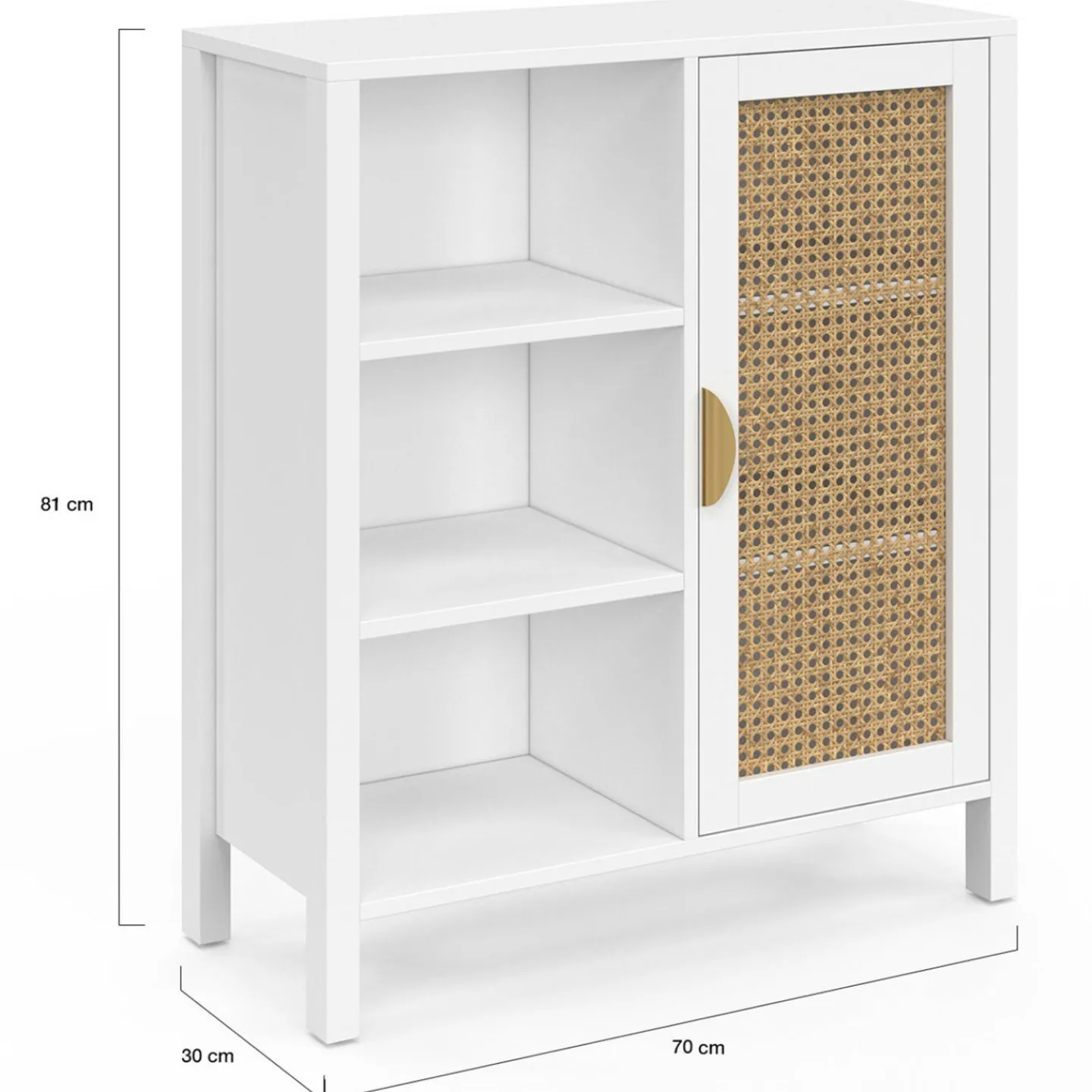 Buffet d'appoint 3 étagères et placard de 70 cm blanc avec cannage*IDMarket Discount