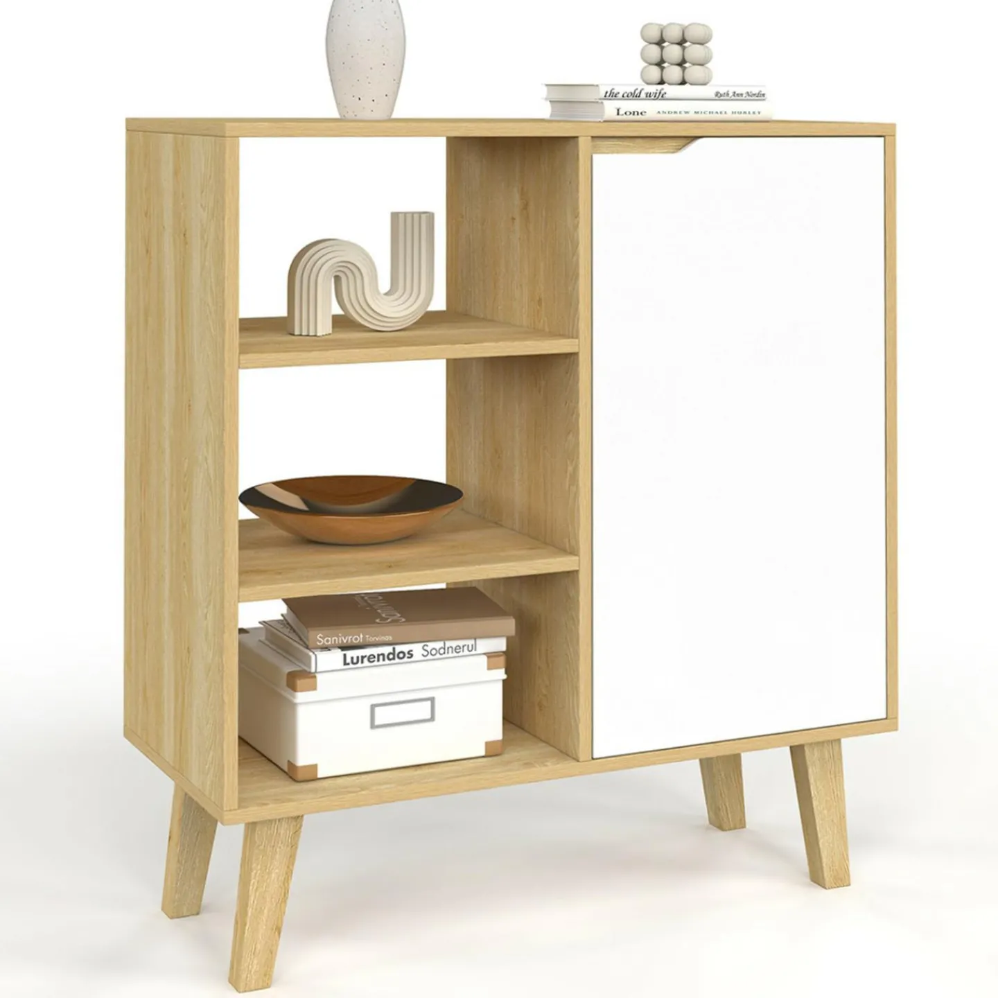 Buffet d'appoint 3 étagères et placard 70 cm blanc et bois façon hêtre*IDMarket New