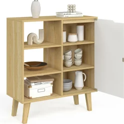 Buffet d'appoint 3 étagères et placard 70 cm blanc et bois façon hêtre*IDMarket New