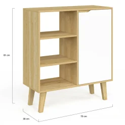 Buffet d'appoint 3 étagères et placard 70 cm blanc et bois façon hêtre*IDMarket New