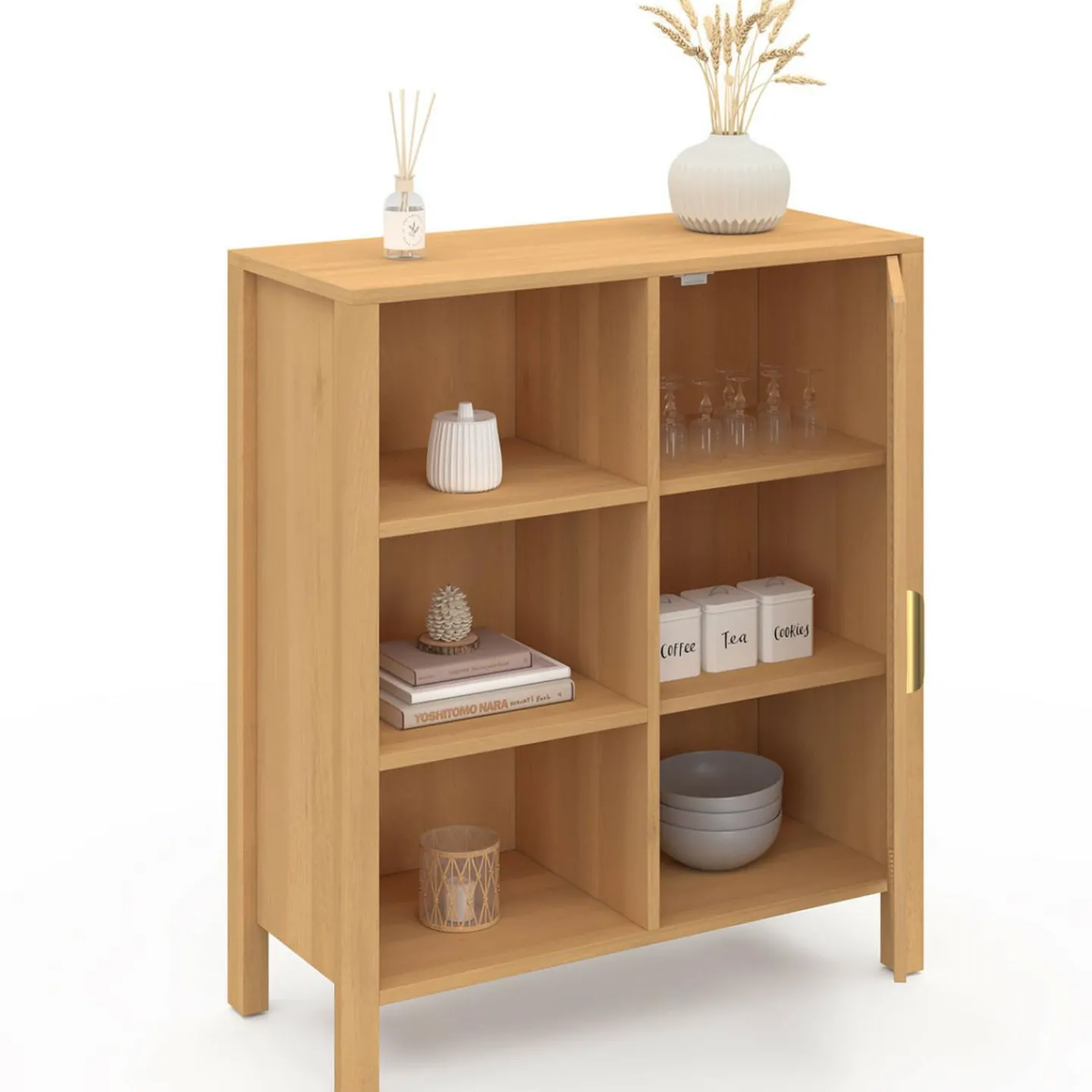 Buffet d’appoint cannage avec 3 étagères et placard 70 cm*IDMarket