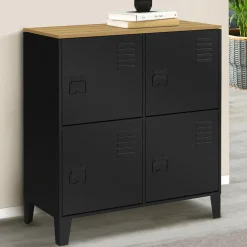 Buffet d'appoint casier 70 cm 4 portes en métal noir plateau bois design industriel*IDMarket