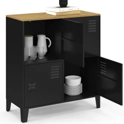 Buffet d'appoint casier 70 cm 4 portes en métal noir plateau bois design industriel*IDMarket
