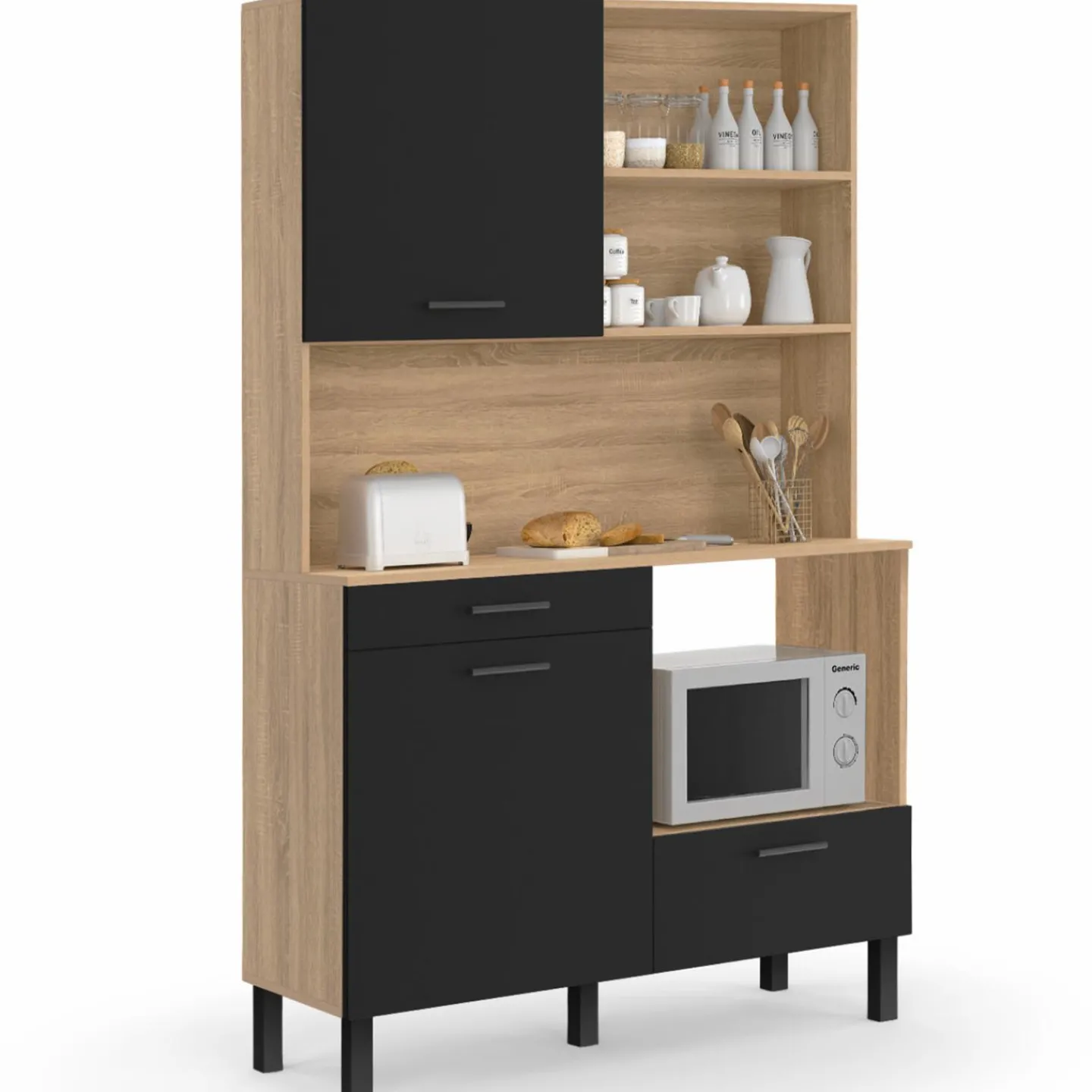 Buffet de cuisine 3 portes + 1 tiroir façon hêtre et noir 120cm*IDMarket Discount