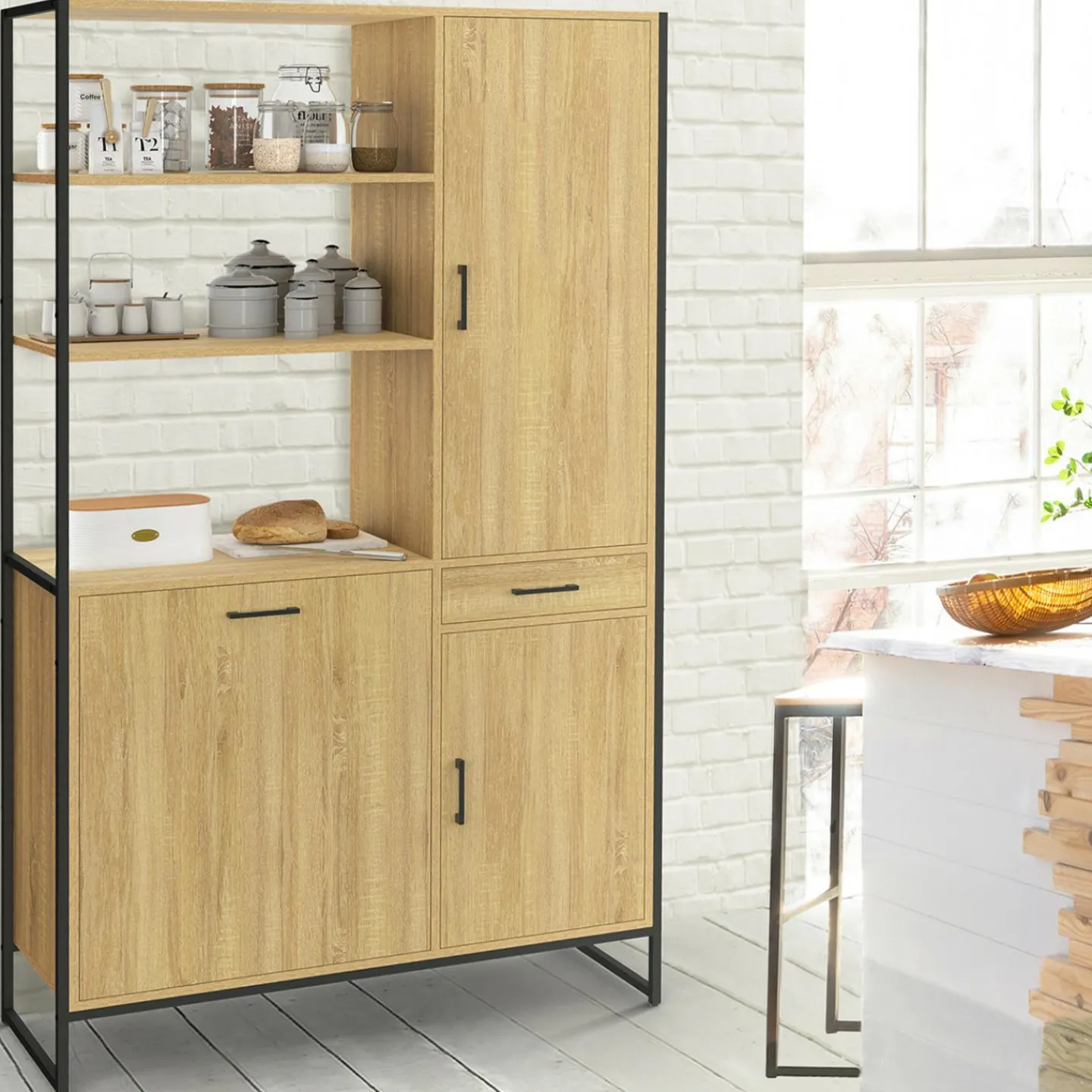 Buffet de cuisine avec colonne de rangement 3 portes design industriel*IDMarket Best