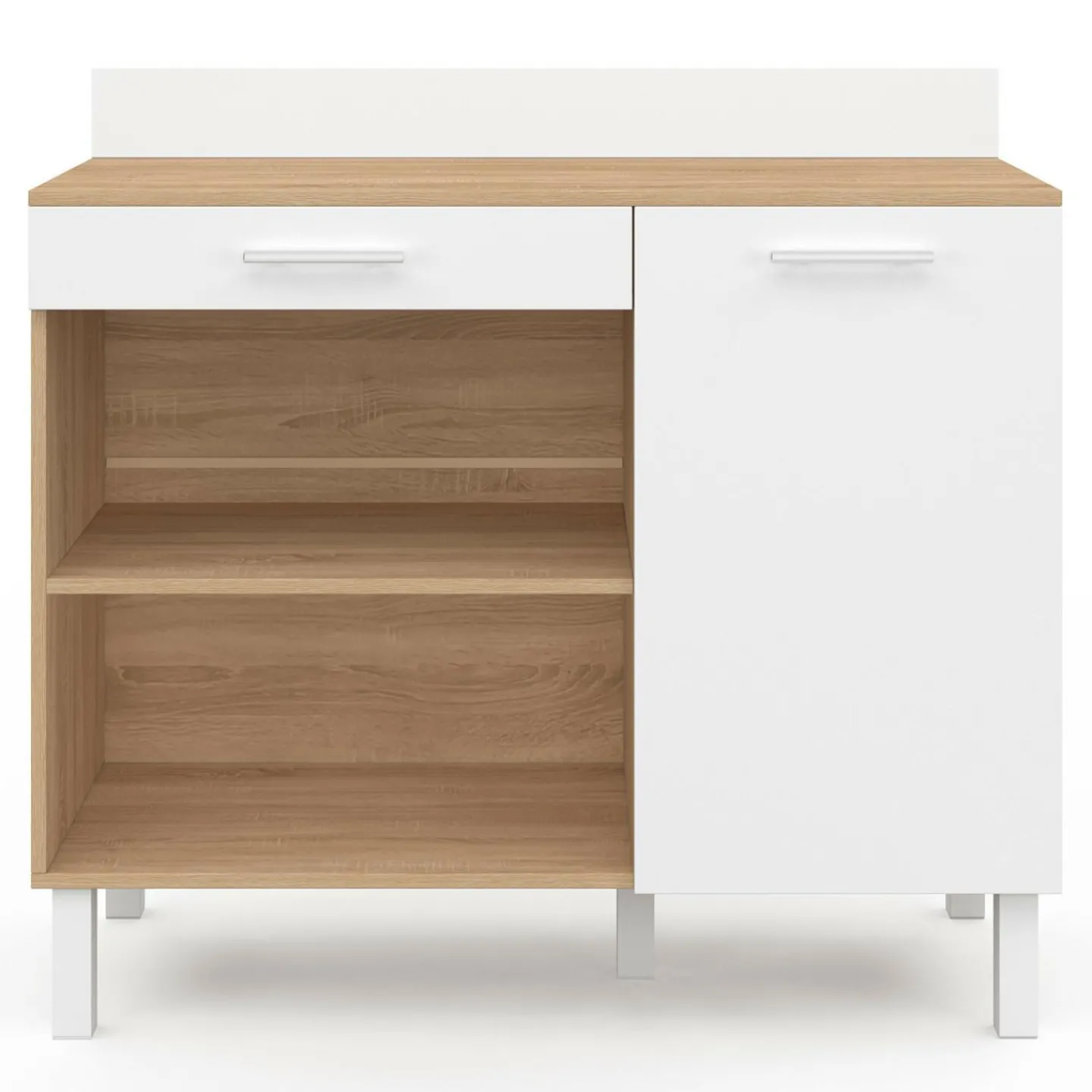 Buffet de cuisine bas 100 cm bois façon hêtre et blanc plan de travail H.83 cm*IDMarket Best