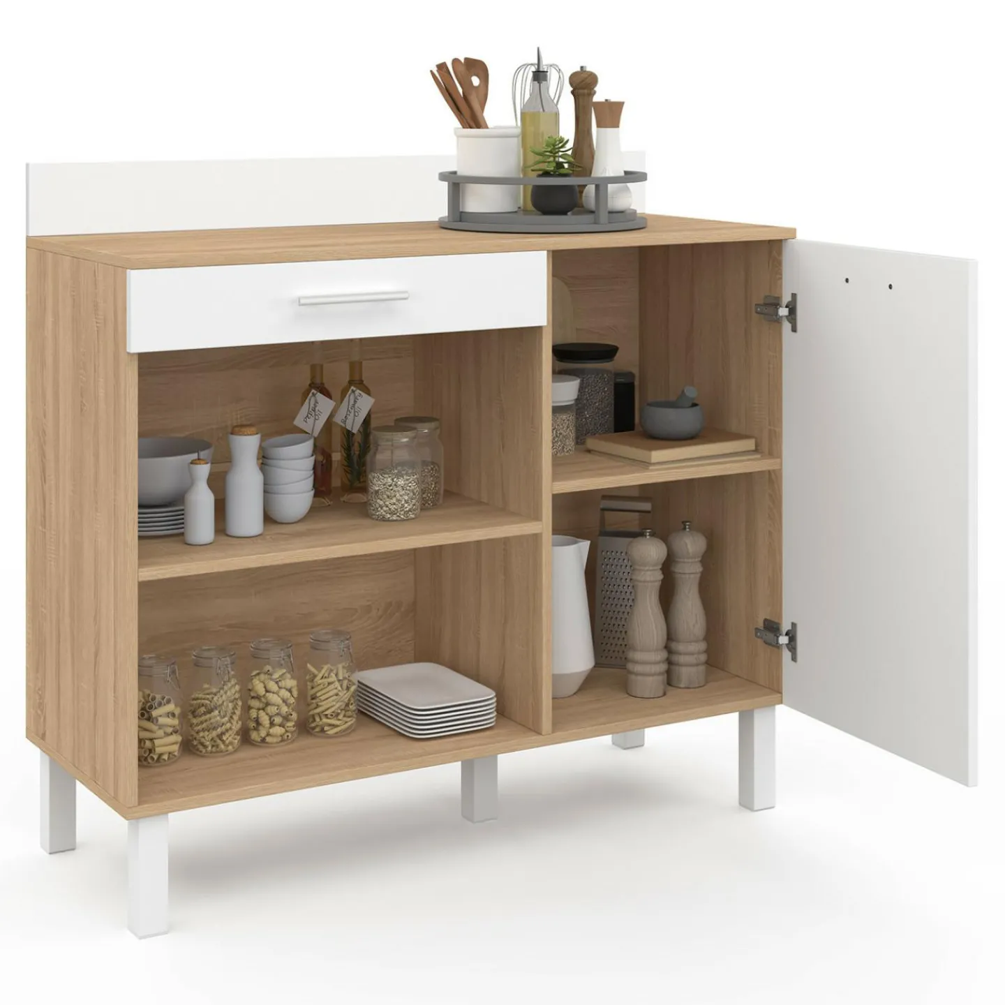 Buffet de cuisine bas 100 cm bois façon hêtre et blanc plan de travail H.83 cm*IDMarket Best