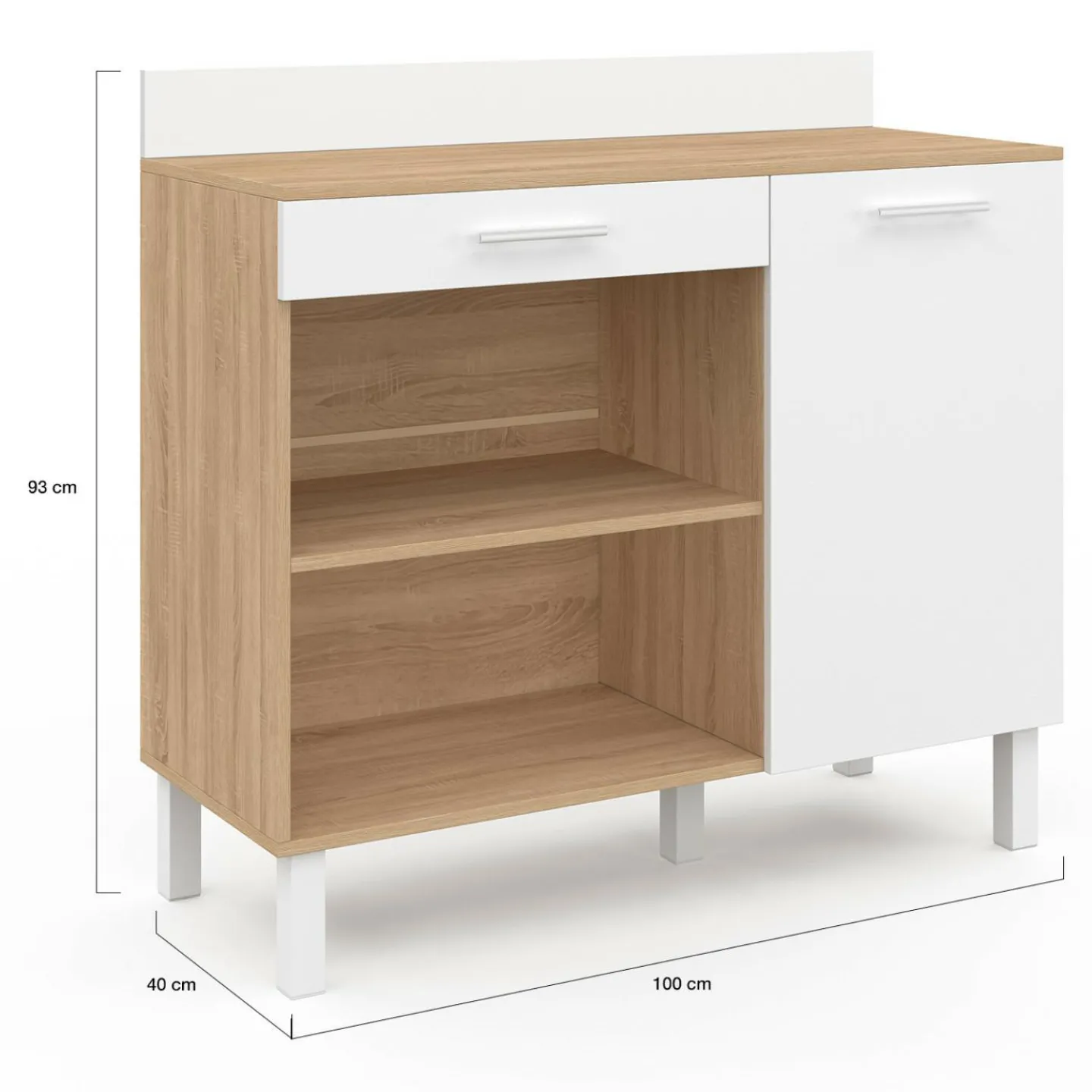Buffet de cuisine bas 100 cm bois façon hêtre et blanc plan de travail H.83 cm*IDMarket Best
