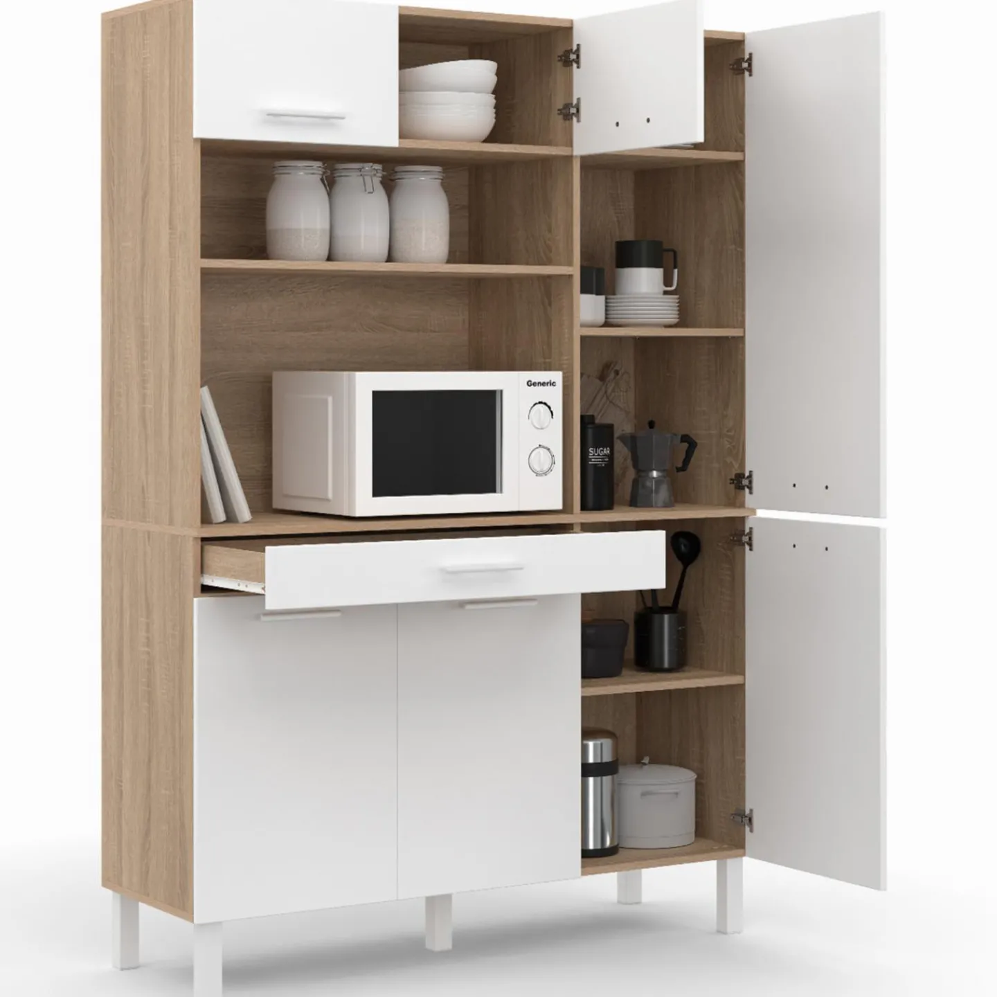 Buffet de cuisine blanc et façon hêtre avec 6 portes + tiroir*IDMarket Clearance