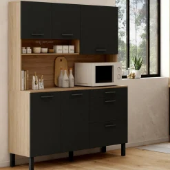 Buffet de cuisine casserolier 5 portes + 3 tiroirs façon hêtre et noir*IDMarket Outlet