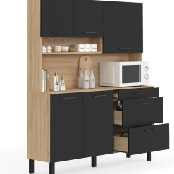 Buffet de cuisine casserolier 5 portes + 3 tiroirs façon hêtre et noir*IDMarket Outlet