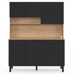 Buffet de cuisine casserolier 5 portes + 3 tiroirs façon hêtre et noir*IDMarket Outlet