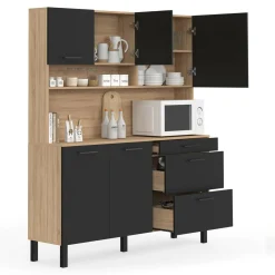 Buffet de cuisine casserolier 5 portes + 3 tiroirs façon hêtre et noir*IDMarket Outlet