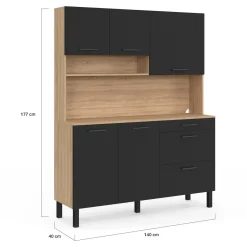 Buffet de cuisine casserolier 5 portes + 3 tiroirs façon hêtre et noir*IDMarket Outlet