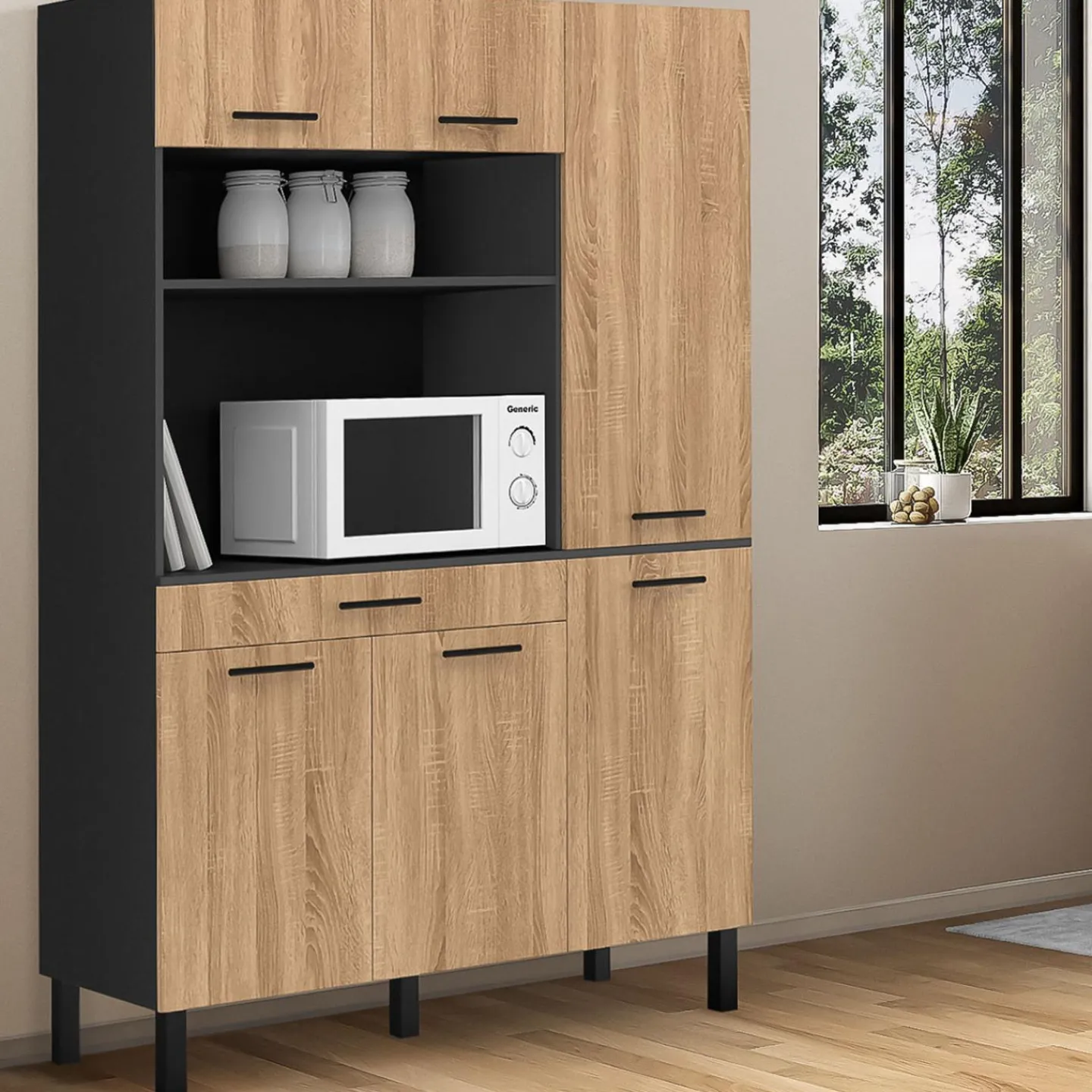 Buffet de cuisine noir et façon hêtre avec 6 portes + tiroir*IDMarket Hot