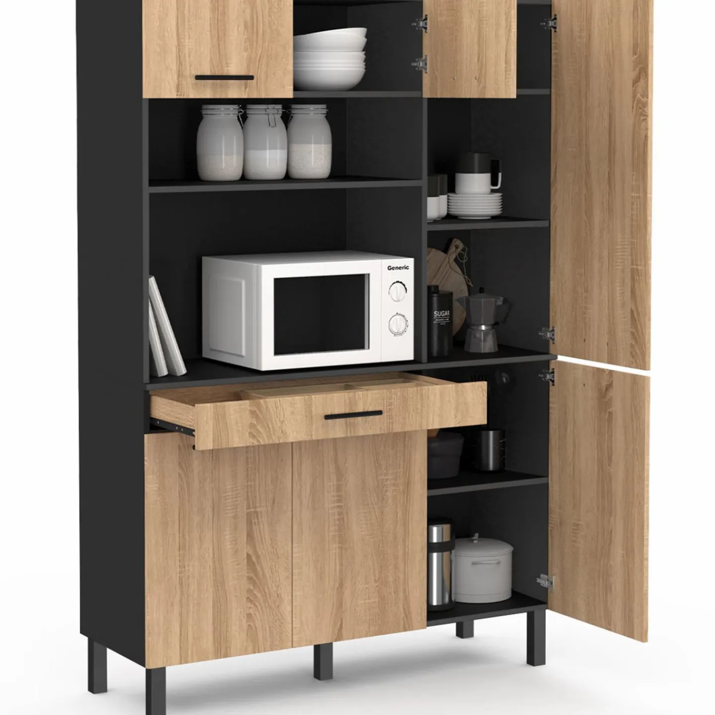 Buffet de cuisine noir et façon hêtre avec 6 portes + tiroir*IDMarket Hot