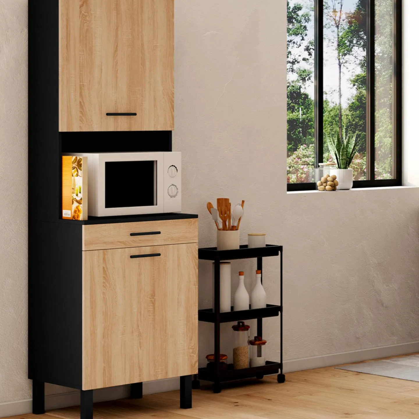 Buffet de cuisine vaisselier noir et bois façon hêtre 60 cm*IDMarket New
