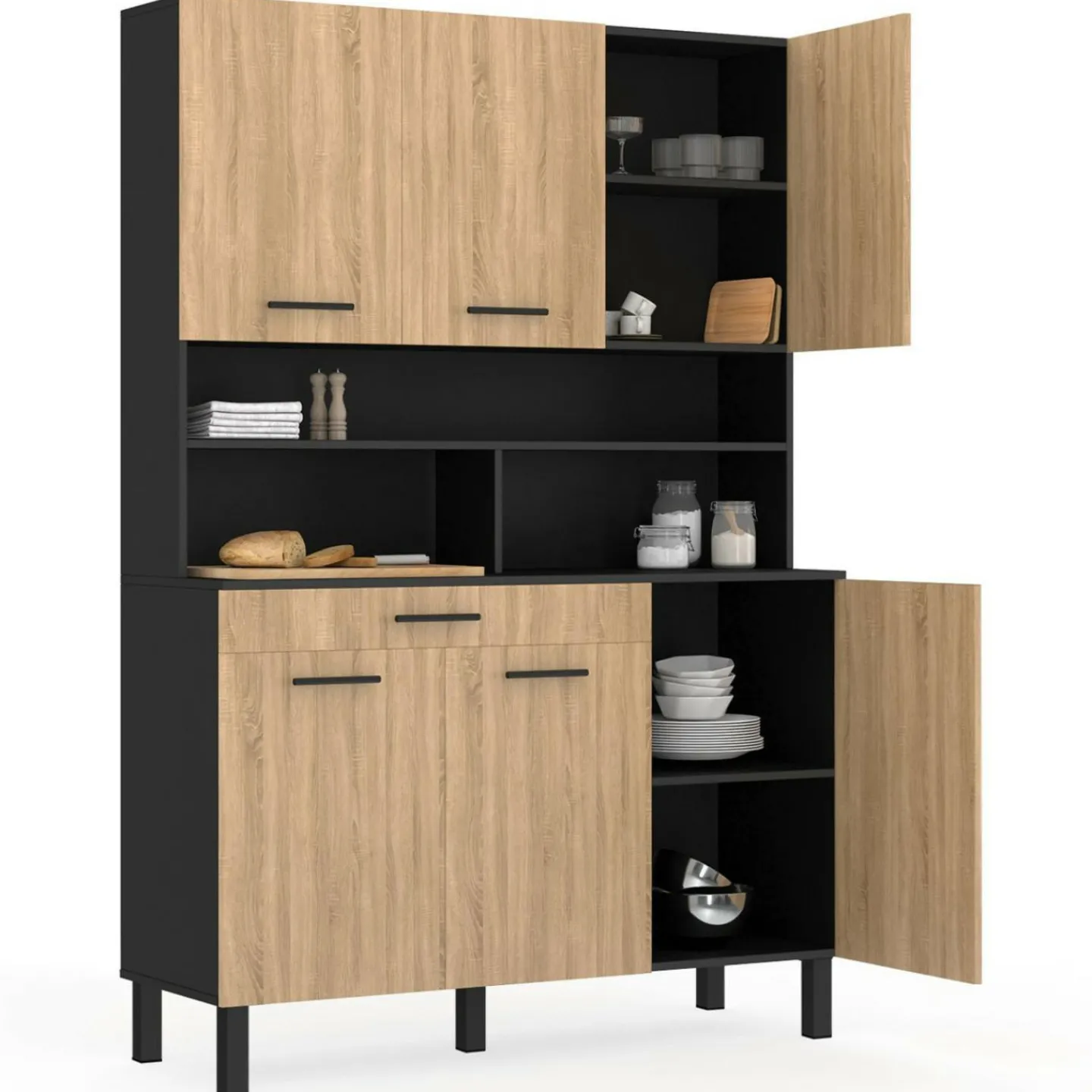 Buffet de cuisine vaisselier noir et bois façon hêtre 120 cm*IDMarket Outlet