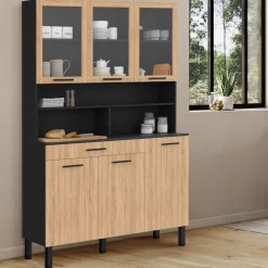 Buffet de cuisine vaisselier 120 cm 6 placards + tiroir noir et bois façon hêtre*IDMarket Discount