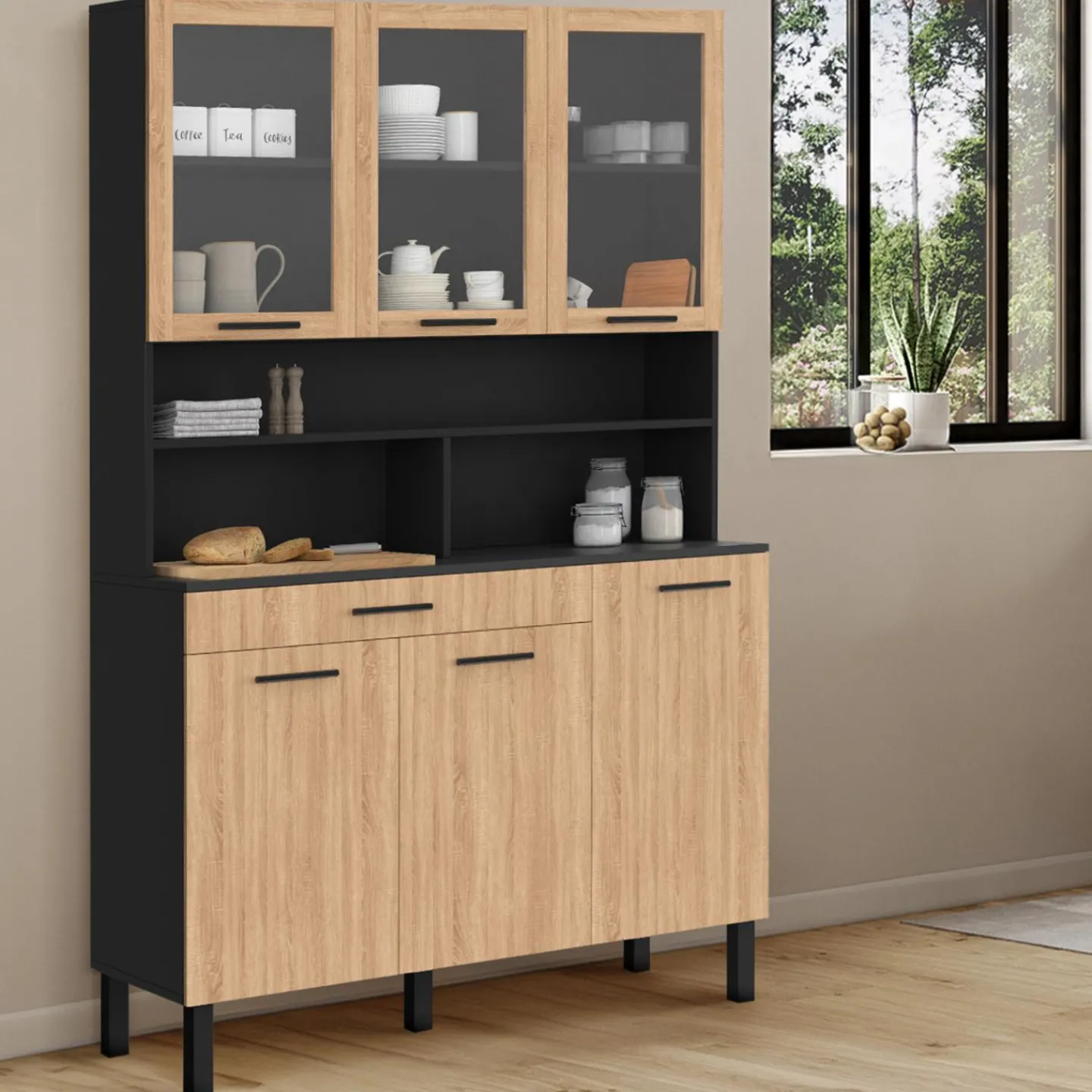 Buffet de cuisine vaisselier 120 cm 6 placards + tiroir noir et bois façon hêtre*IDMarket Discount