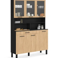 Buffet de cuisine vaisselier 120 cm 6 placards + tiroir noir et bois façon hêtre*IDMarket Discount