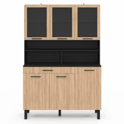 Buffet de cuisine vaisselier 120 cm 6 placards + tiroir noir et bois façon hêtre*IDMarket Discount