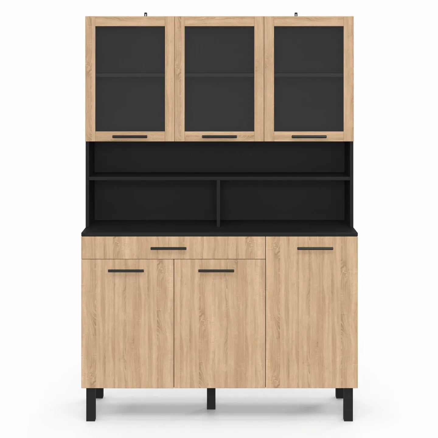 Buffet de cuisine vaisselier 120 cm 6 placards + tiroir noir et bois façon hêtre*IDMarket Discount