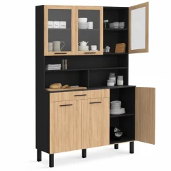 Buffet de cuisine vaisselier 120 cm 6 placards + tiroir noir et bois façon hêtre*IDMarket Discount