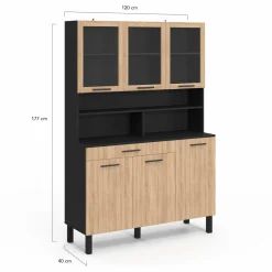 Buffet de cuisine vaisselier 120 cm 6 placards + tiroir noir et bois façon hêtre*IDMarket Discount