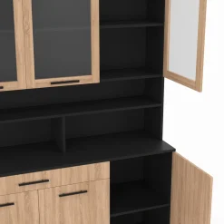 Buffet de cuisine vaisselier 120 cm 6 placards + tiroir noir et bois façon hêtre*IDMarket Discount