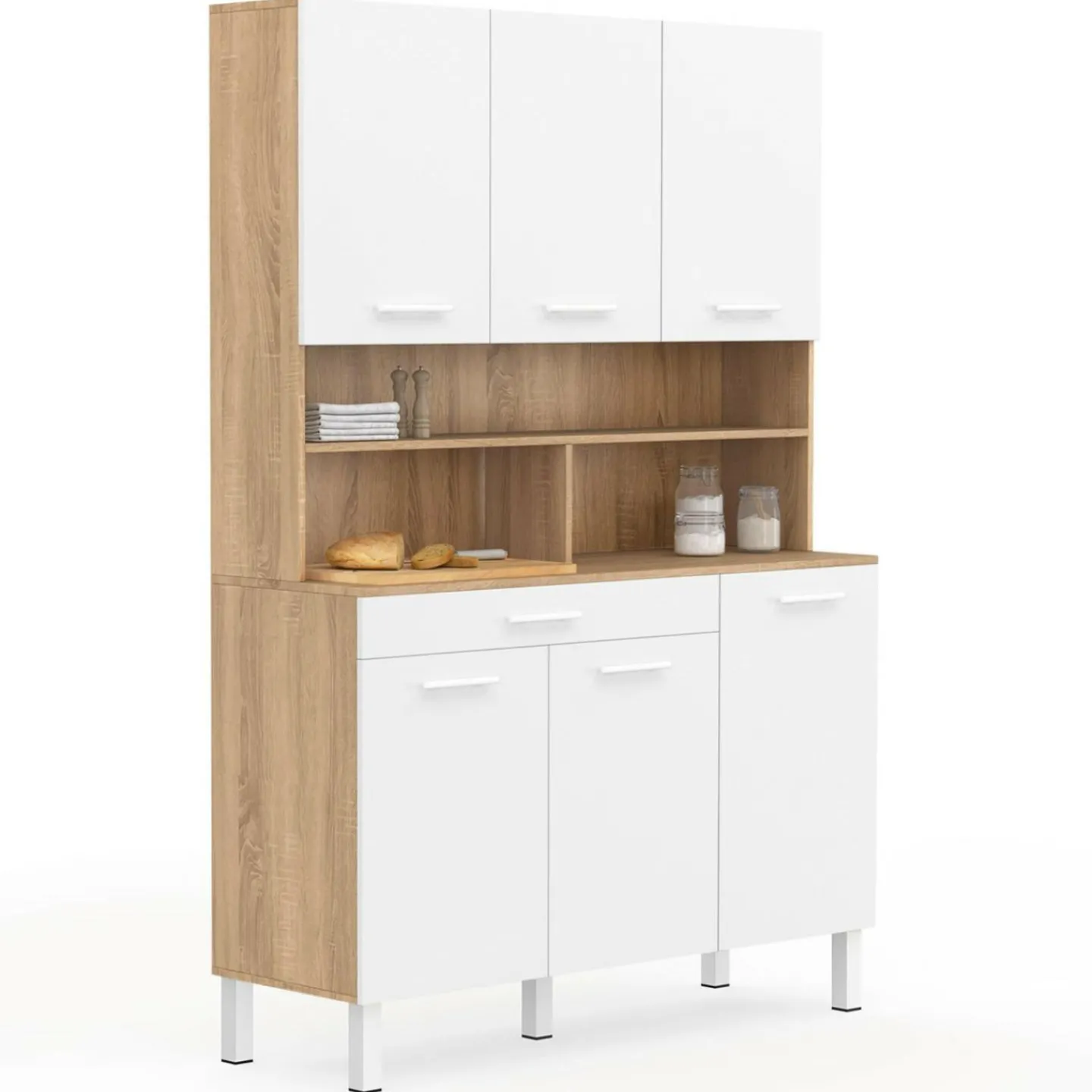 Buffet de cuisine vaisselier blanc et bois façon hêtre 120 cm*IDMarket Discount