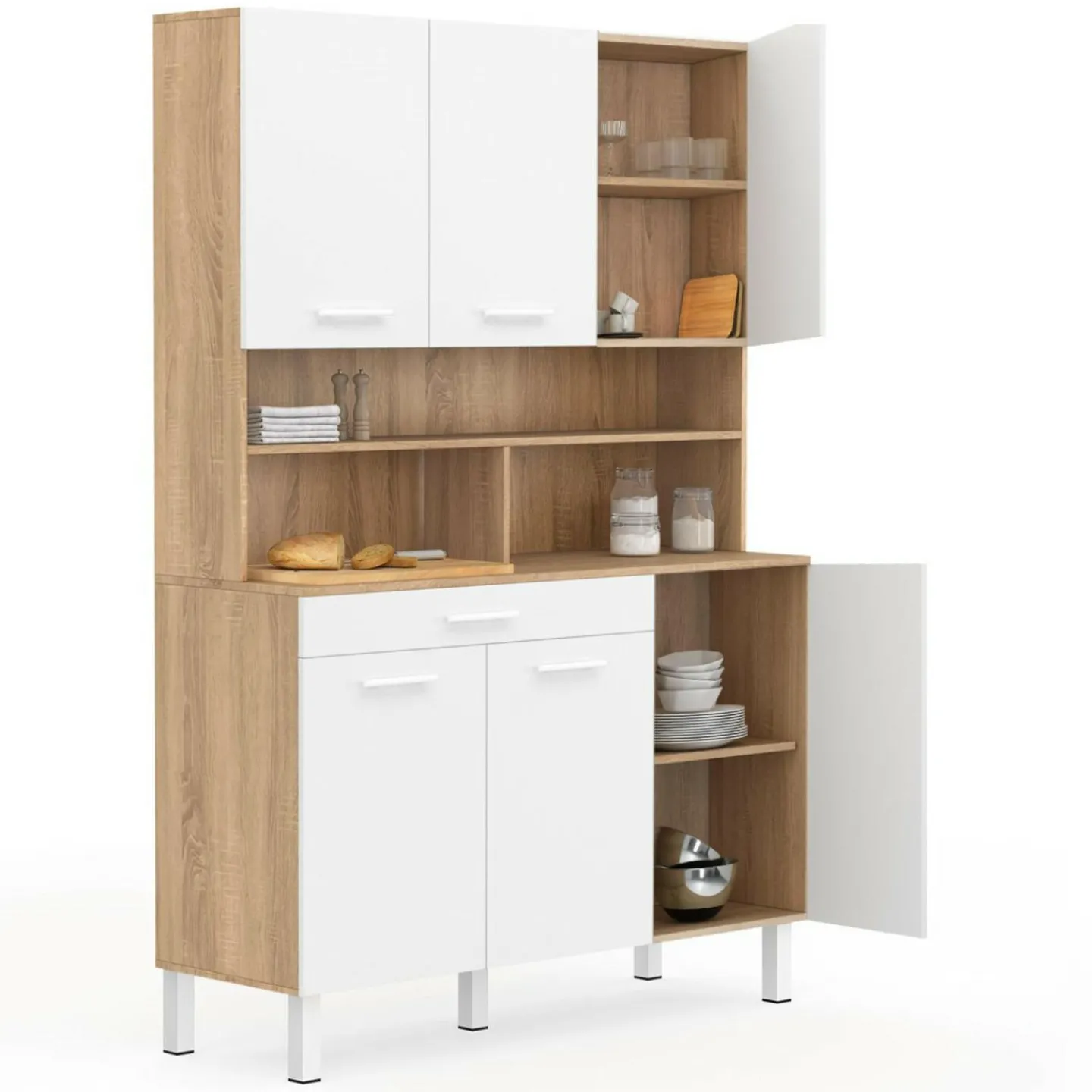 Buffet de cuisine vaisselier blanc et bois façon hêtre 120 cm*IDMarket Discount