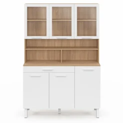 Buffet de cuisine vaisselier 120 cm 6 placards + tiroir blanc et bois façon hêtre*IDMarket