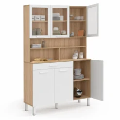 Buffet de cuisine vaisselier 120 cm 6 placards + tiroir blanc et bois façon hêtre*IDMarket