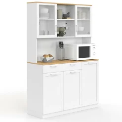 Buffet de cuisine vitré 120 cm 5 portes + 1 tiroir blanc et plateau façon hêtre*IDMarket Outlet