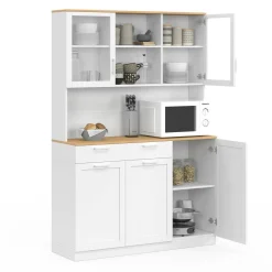 Buffet de cuisine vitré 120 cm 5 portes + 1 tiroir blanc et plateau façon hêtre*IDMarket Outlet