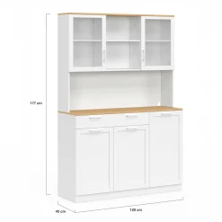 Buffet de cuisine vitré 120 cm 5 portes + 1 tiroir blanc et plateau façon hêtre*IDMarket Outlet