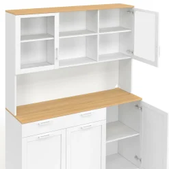 Buffet de cuisine vitré 120 cm 5 portes + 1 tiroir blanc et plateau façon hêtre*IDMarket Outlet