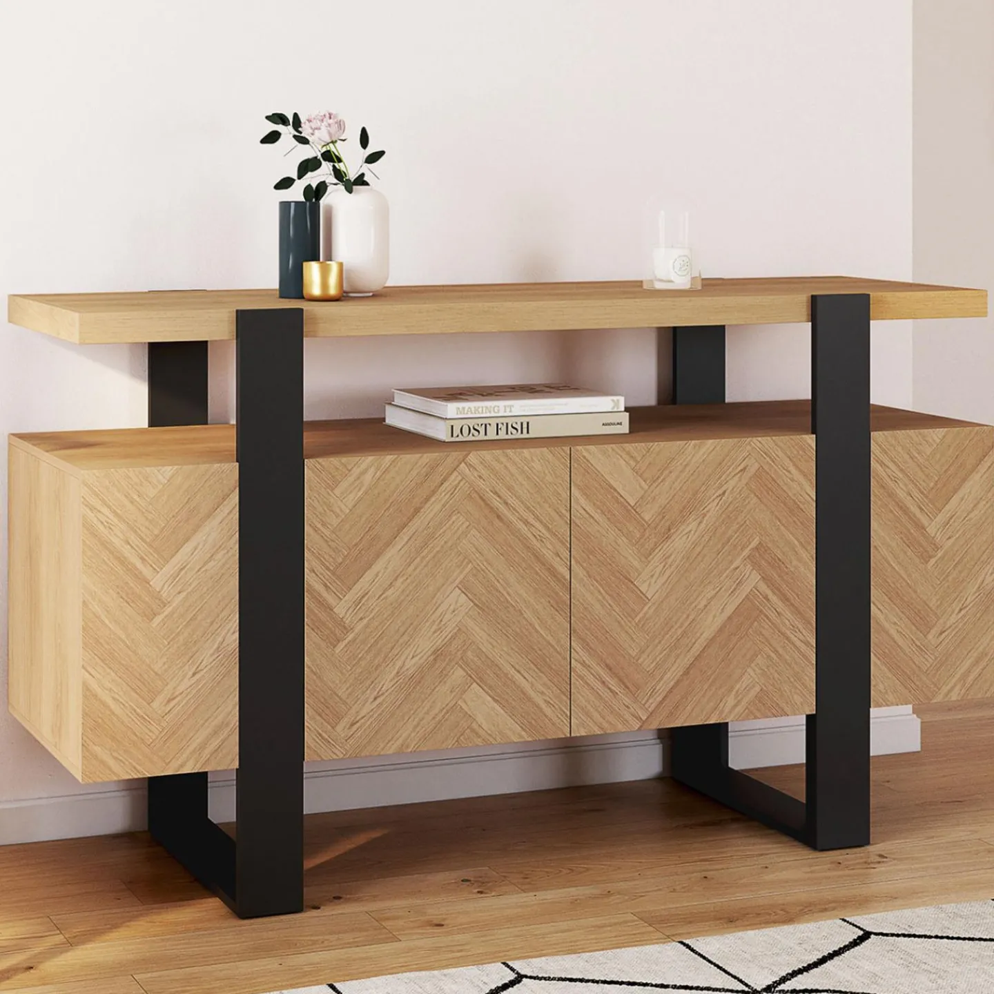 Buffet effet chevrons et noir avec 4 portes 140 cm*IDMarket Clearance