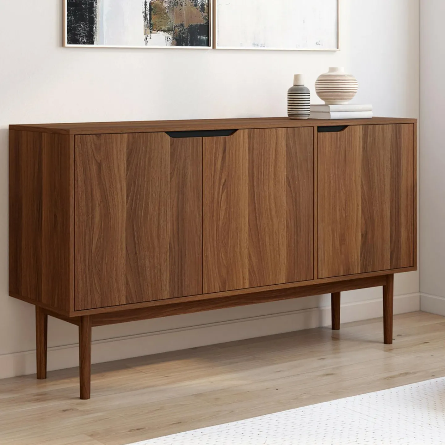 Buffet en bois 140 cm vintage avec 3 portes effet noyer*IDMarket