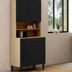 Buffet haut de cuisine bois façon hêtre 80 cm 4 portes + tiroir noir*IDMarket