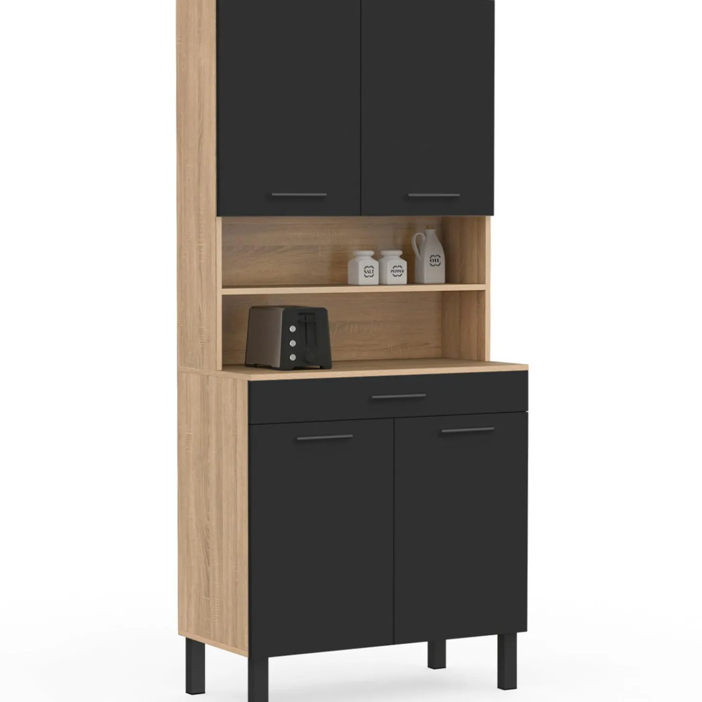 Buffet haut de cuisine bois façon hêtre 80 cm 4 portes + tiroir noir*IDMarket