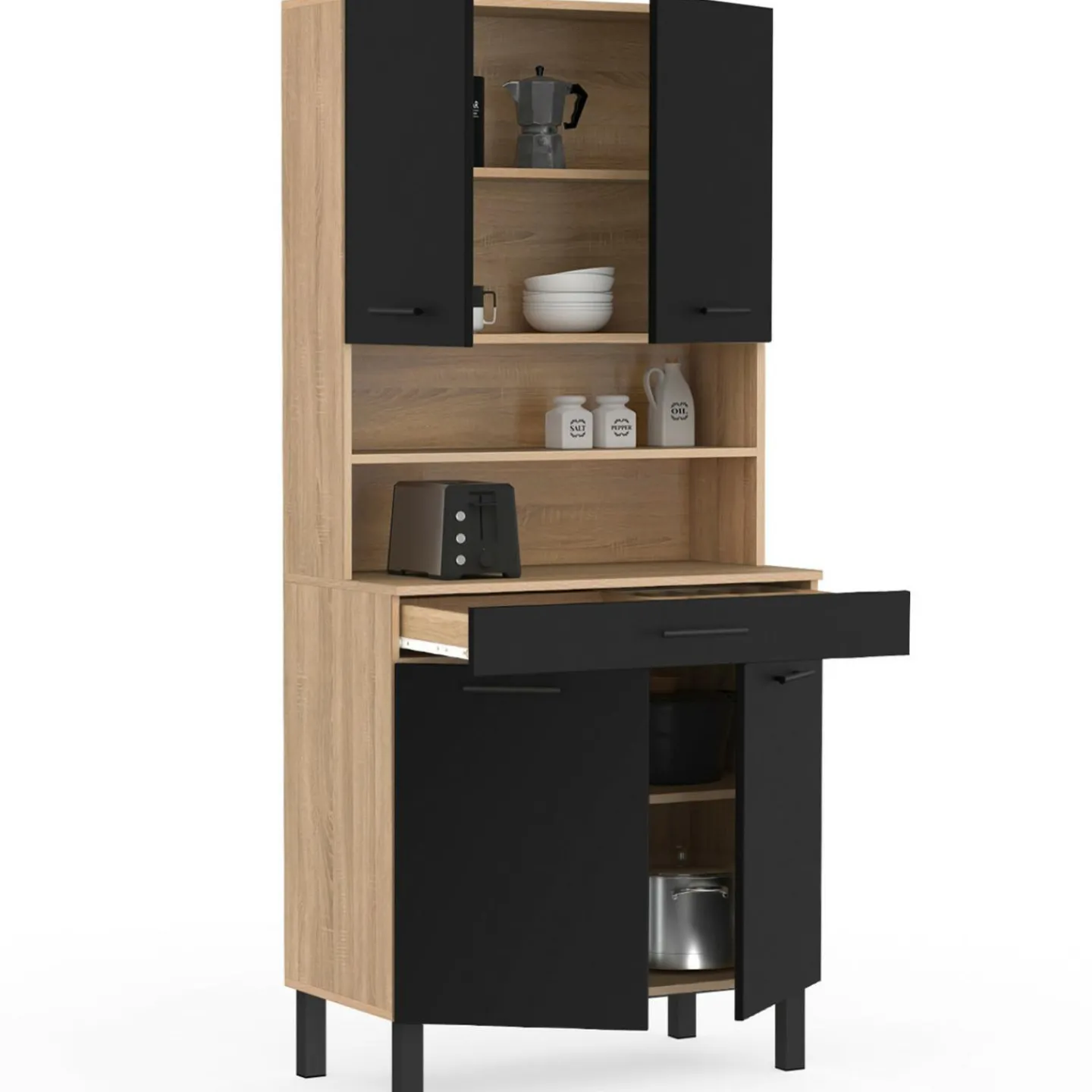 Buffet haut de cuisine bois façon hêtre 80 cm 4 portes + tiroir noir*IDMarket