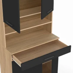 Buffet haut de cuisine bois façon hêtre 80 cm 4 portes + tiroir noir*IDMarket