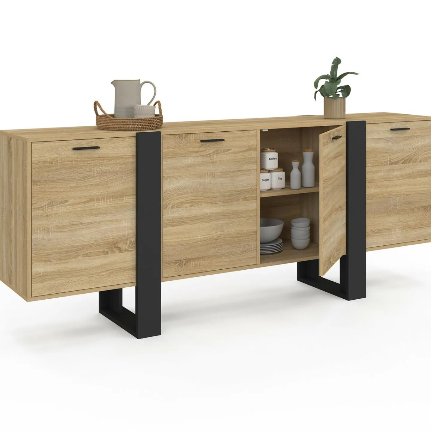 Buffet industriel 200 cm enfilade XXL bois et noir*IDMarket Hot