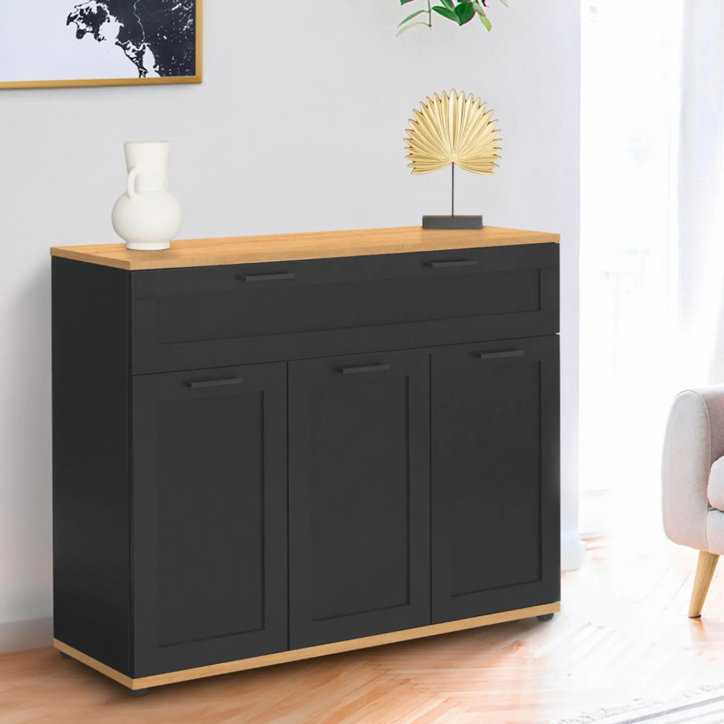 Buffet noir et bois 3 portes et 1 tiroir*IDMarket Best